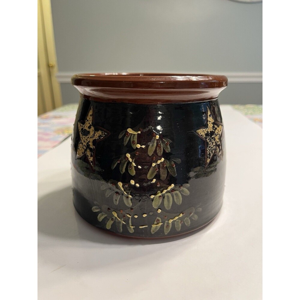 Eldreth Pottery Redware Crock Hand Painted Christmas Tree Stars Signed Folk Art